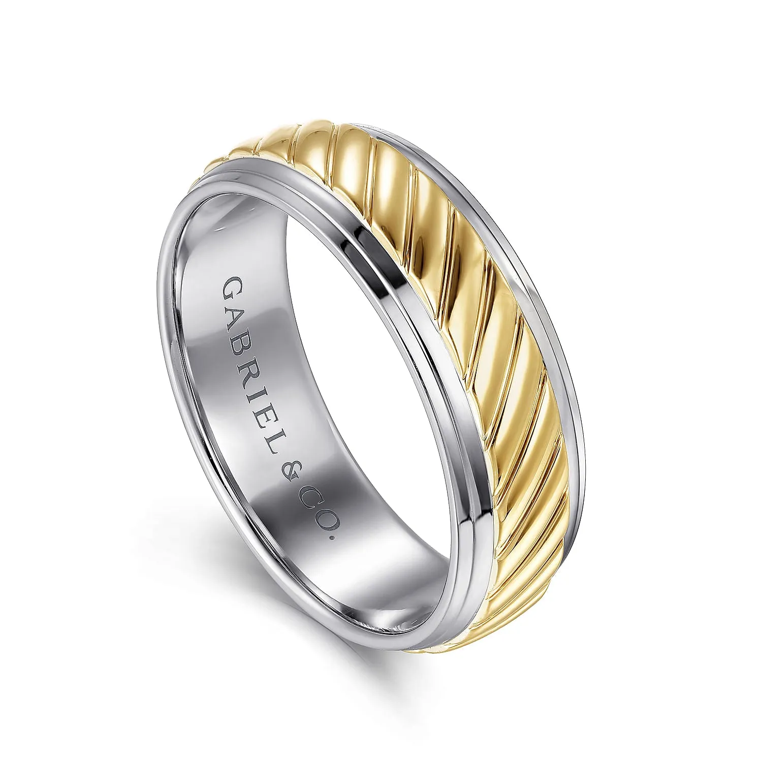 14K White-Yellow Gold 7mm - Rope Center and Polished Edge Men's Wedding Band in High Polished Finish