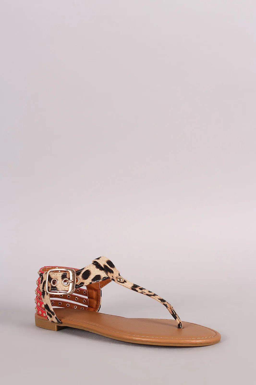 Bamboo Leopard Studded T-Strap Flat Sandal