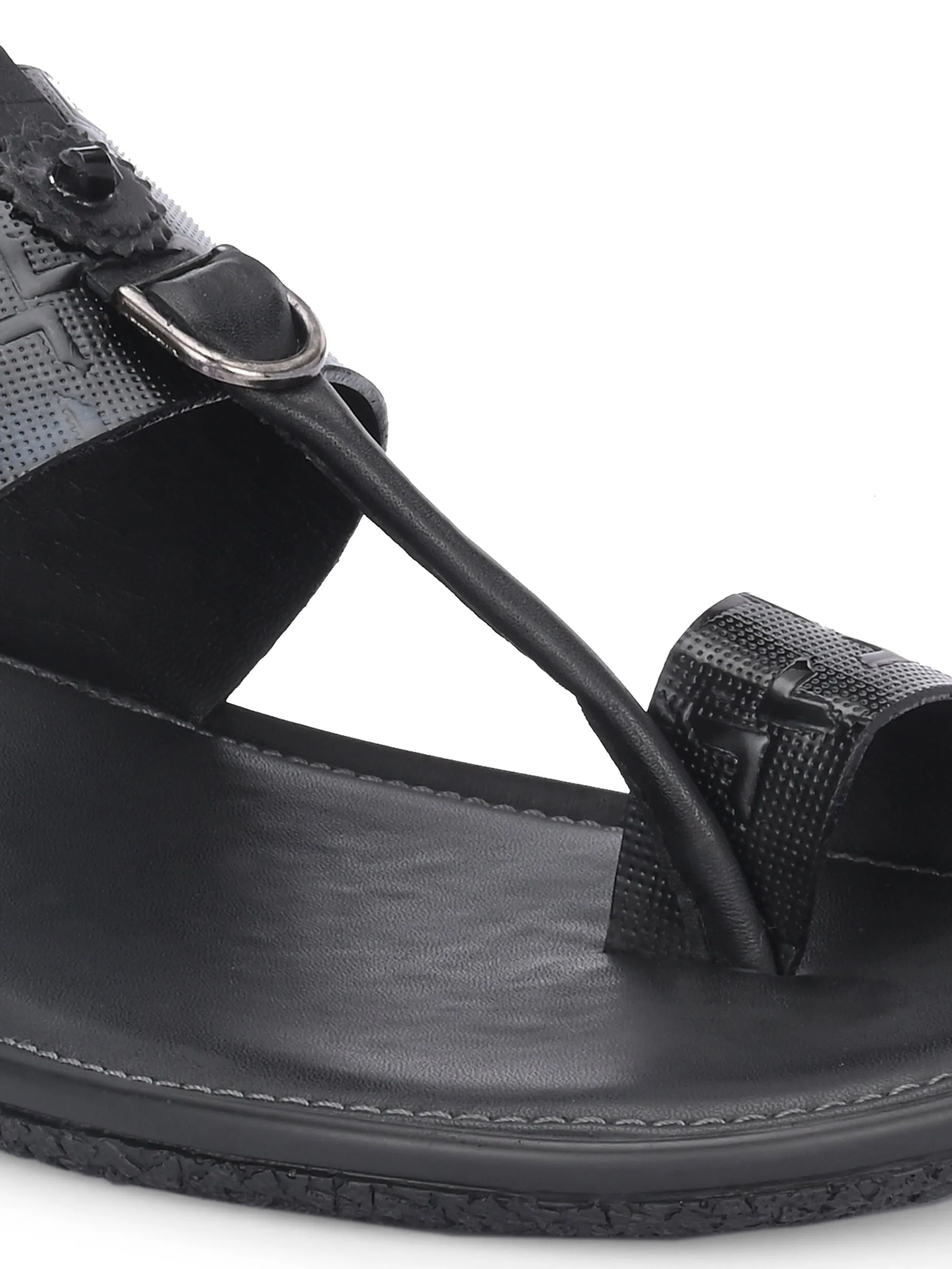 Hitz Men's Black Leather Casual Daily Wear Slipper