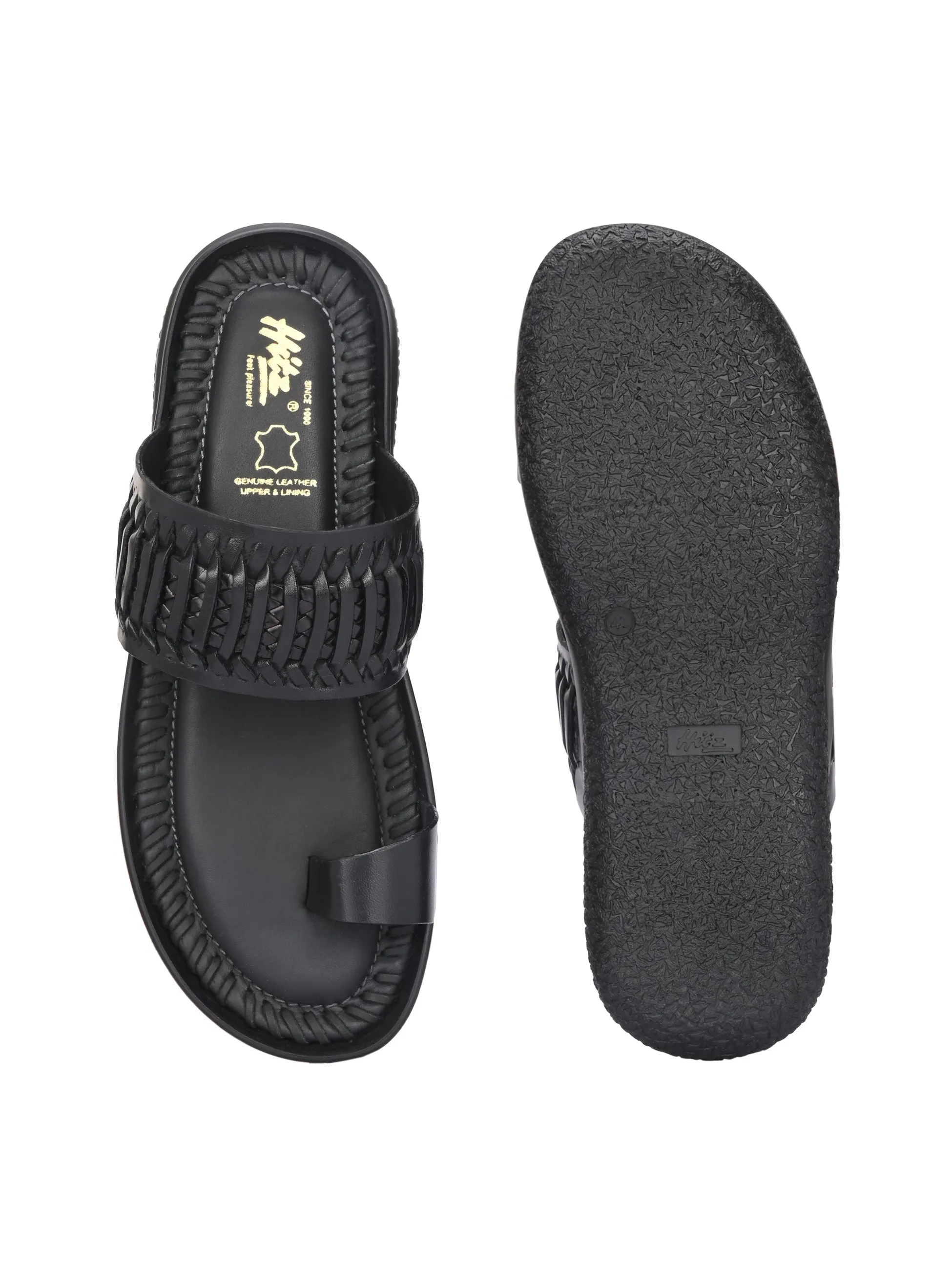 Hitz Men's Black Leather Casual Daily Wear Slipper