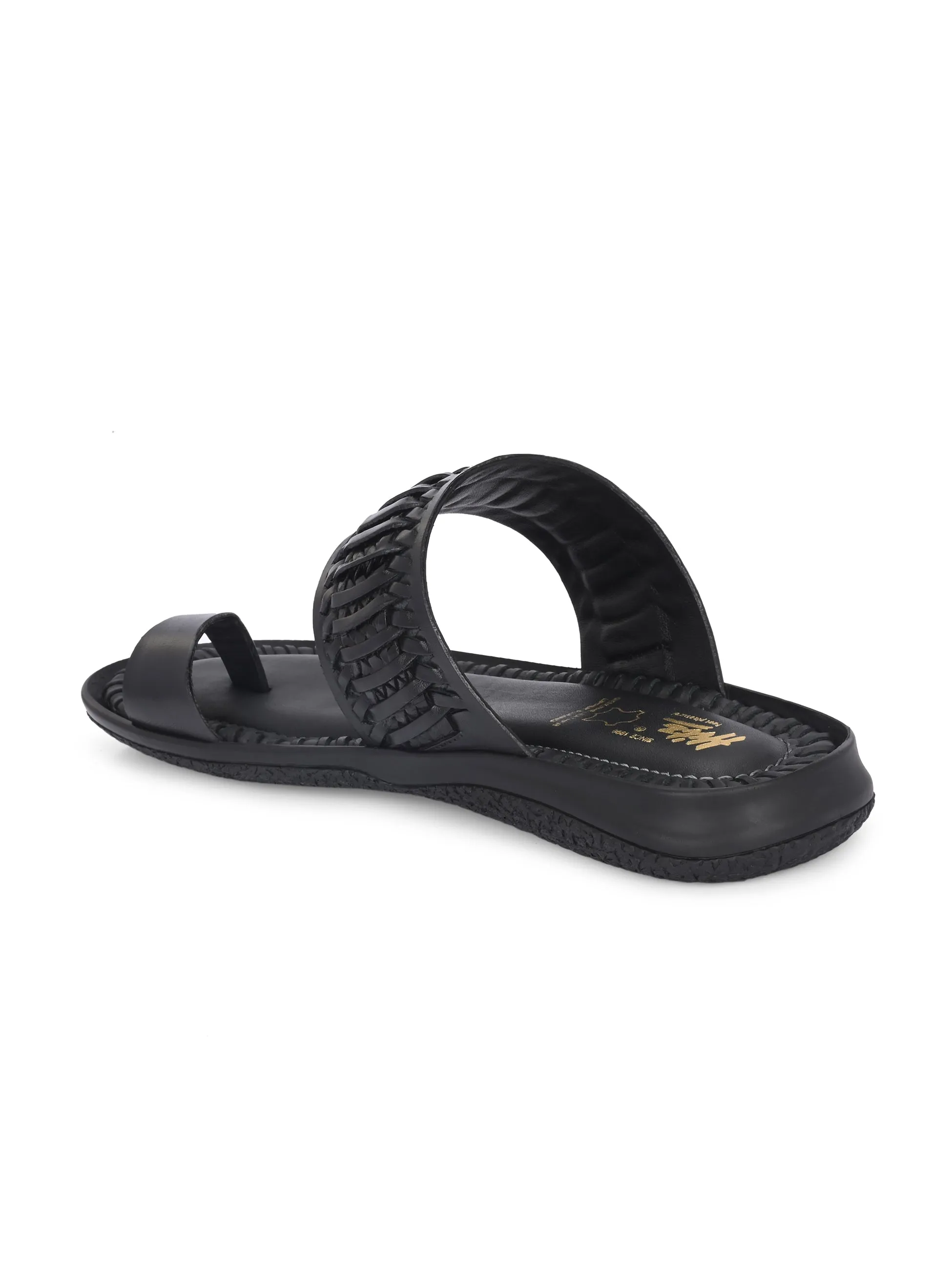 Hitz Men's Black Leather Casual Daily Wear Slipper