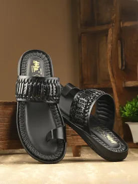 Hitz Men's Black Leather Casual Daily Wear Slipper