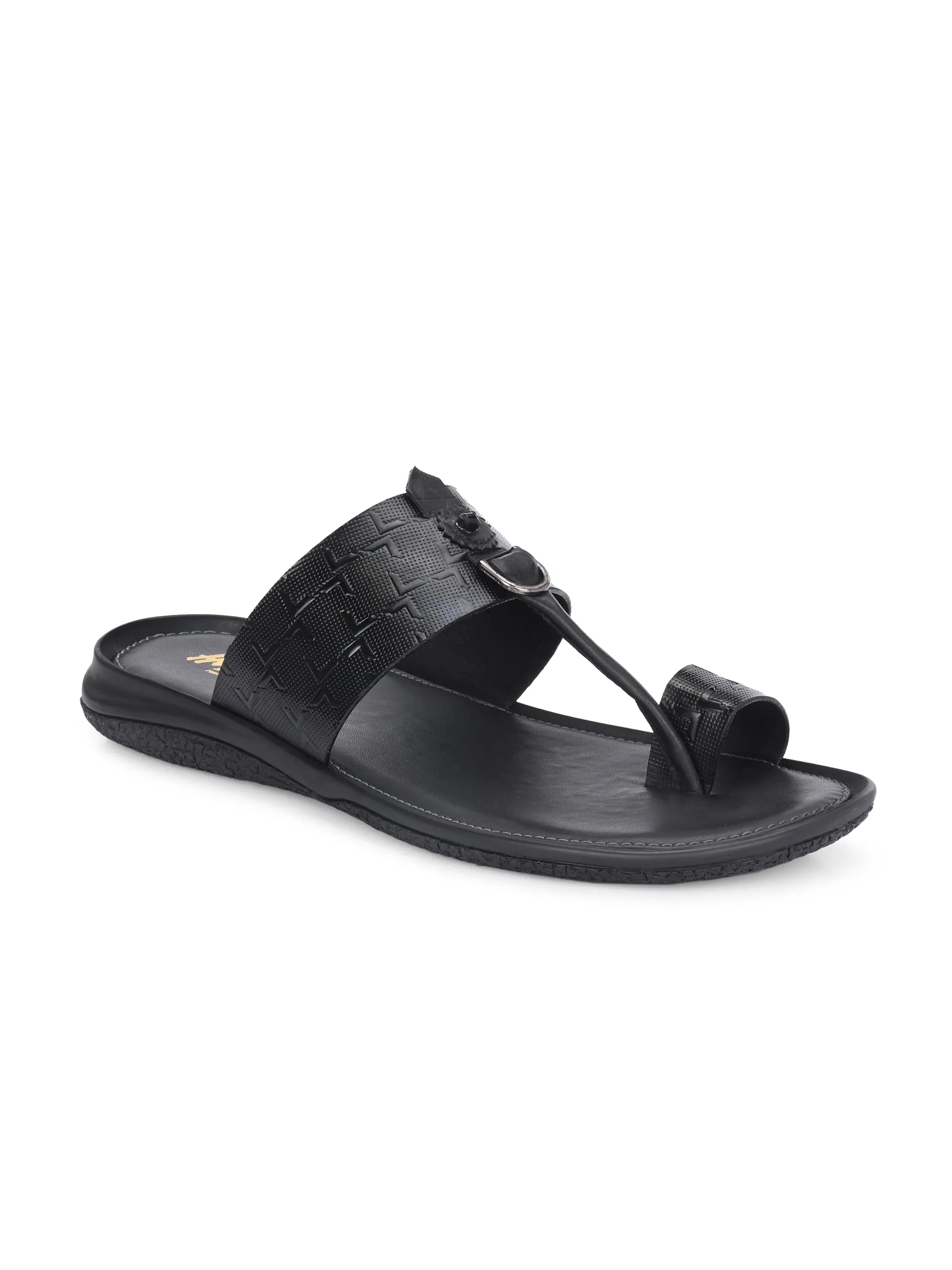 Hitz Men's Black Leather Casual Daily Wear Slipper