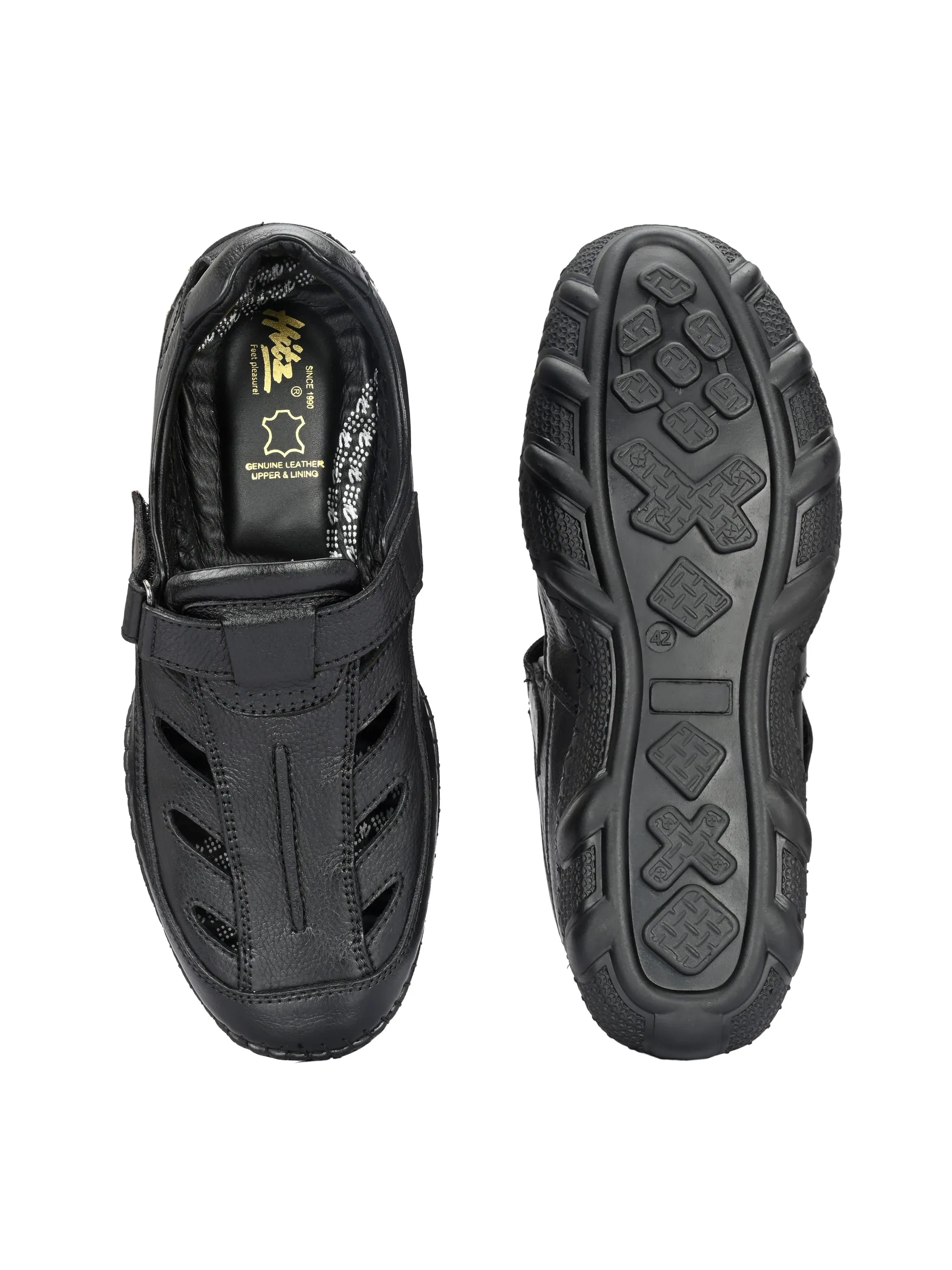 Hitz Men's Black Leather Casual Daily Wear Velcro Sandals