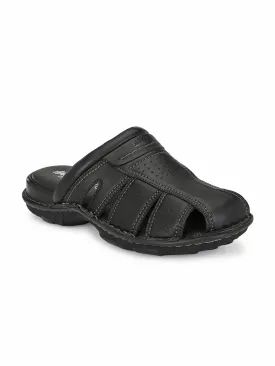 Hitz Men's Black Leather Comfort Slippers