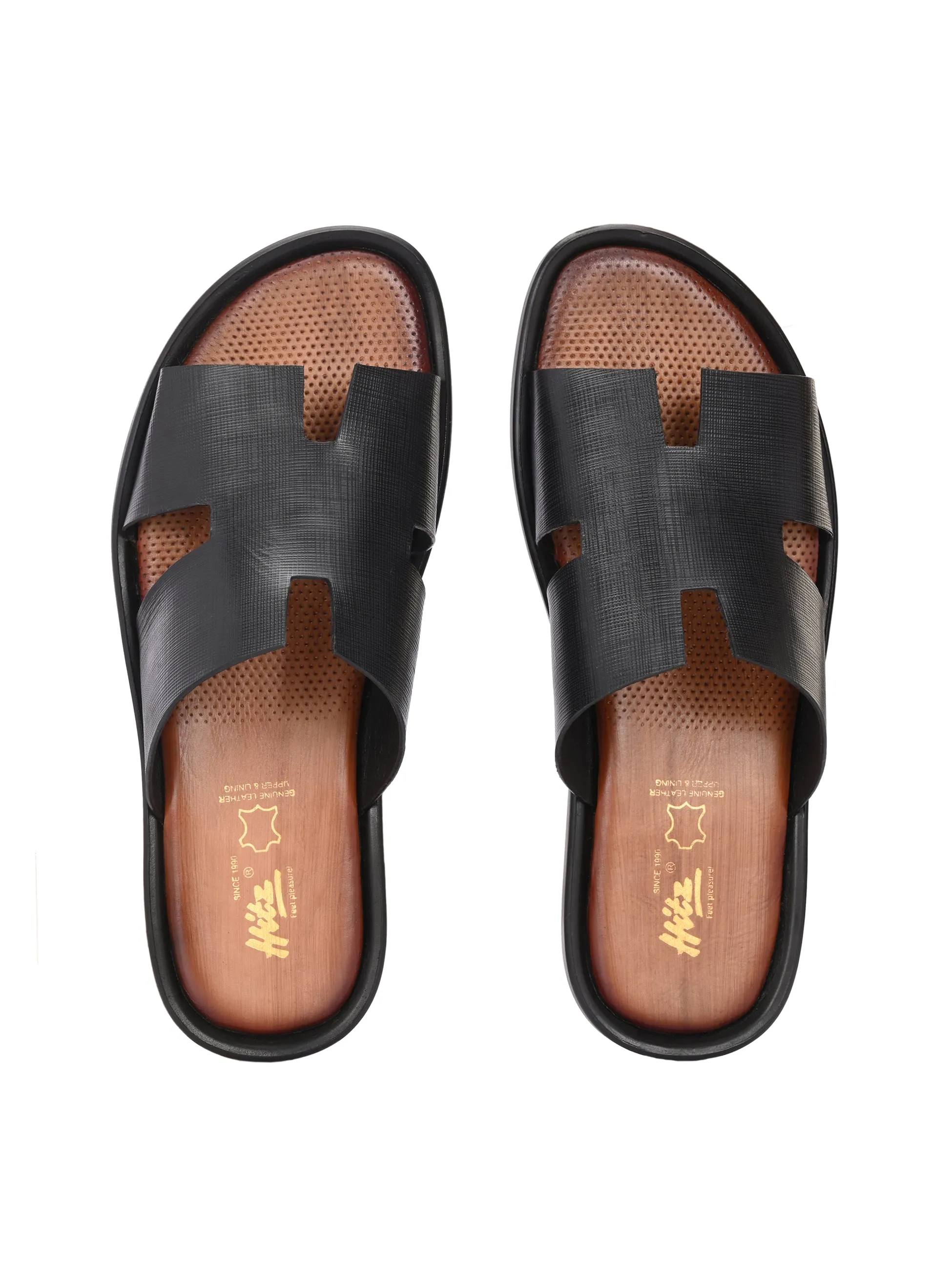 Hitz Men's Black Leather Daily Wear Slipper