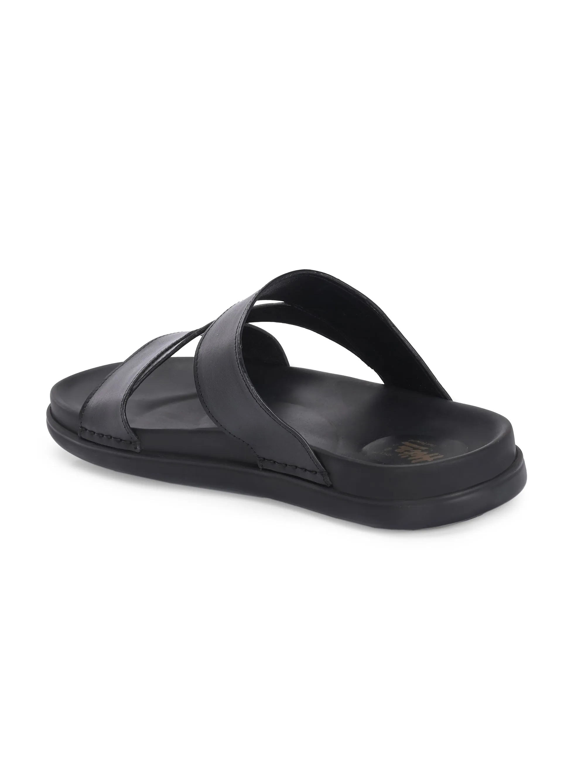 Hitz Men's Black Leather Daily Wear Slipper