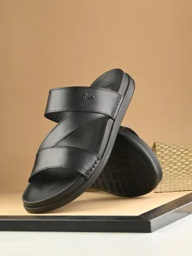 Hitz Men's Black Leather Daily Wear Slipper