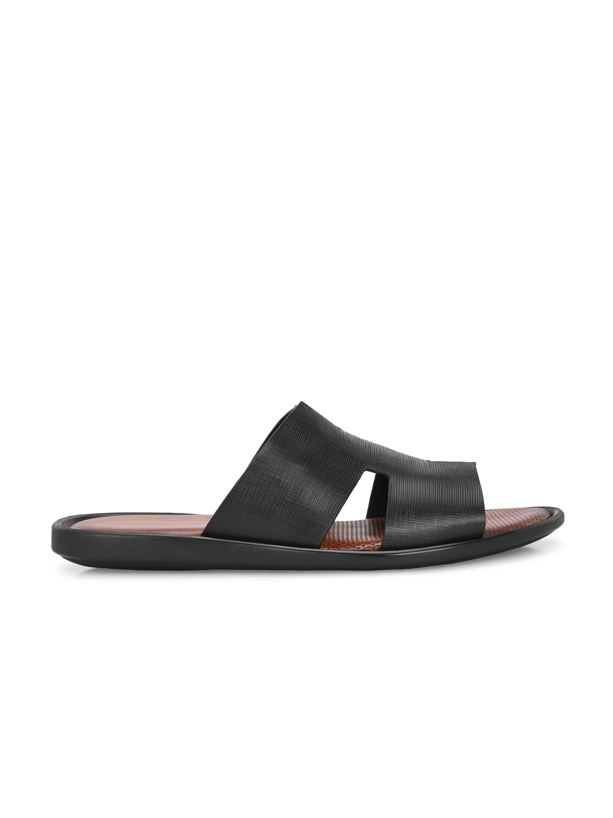 Hitz Men's Black Leather Daily Wear Slipper