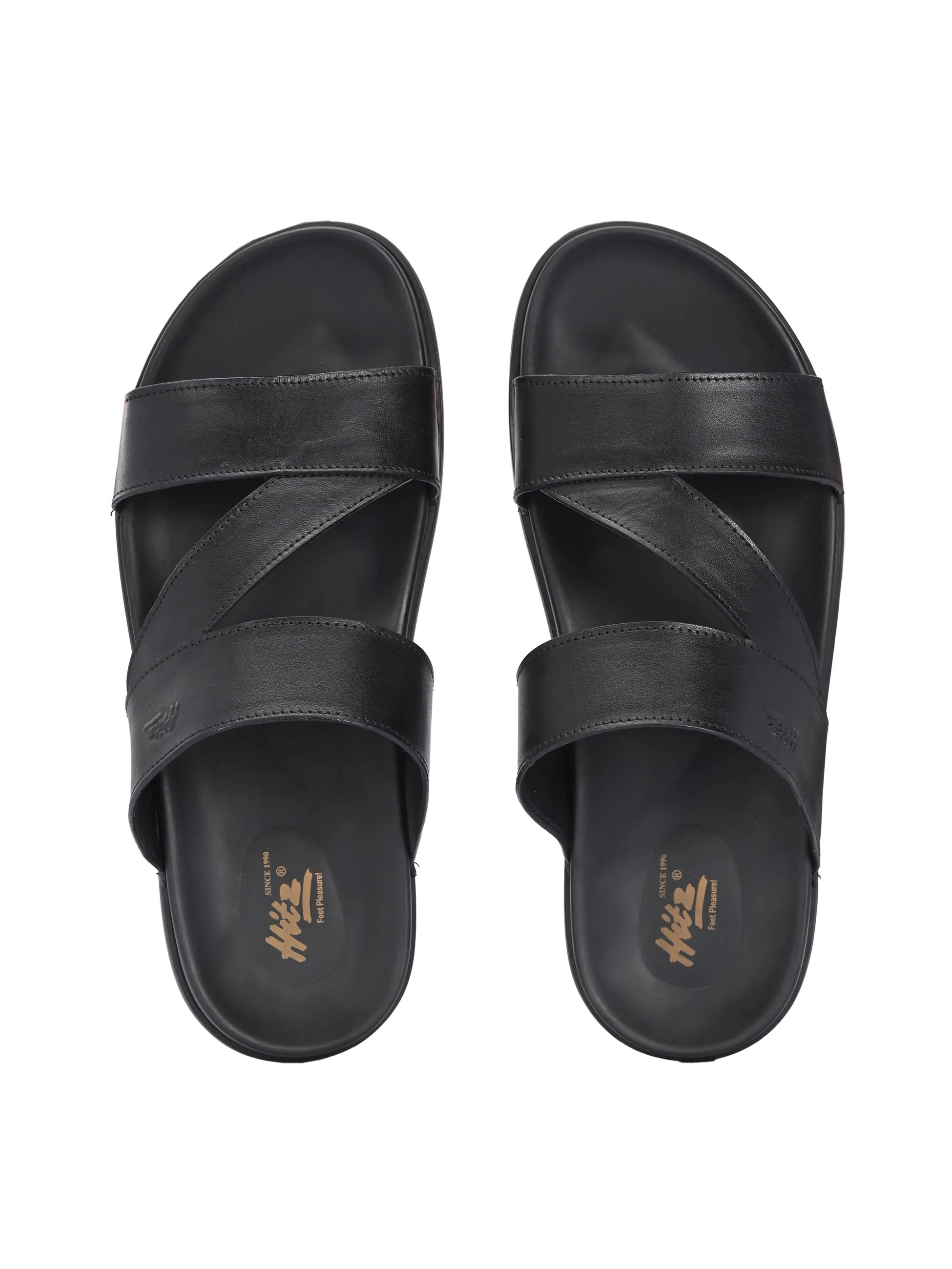 Hitz Men's Black Leather Daily Wear Slipper