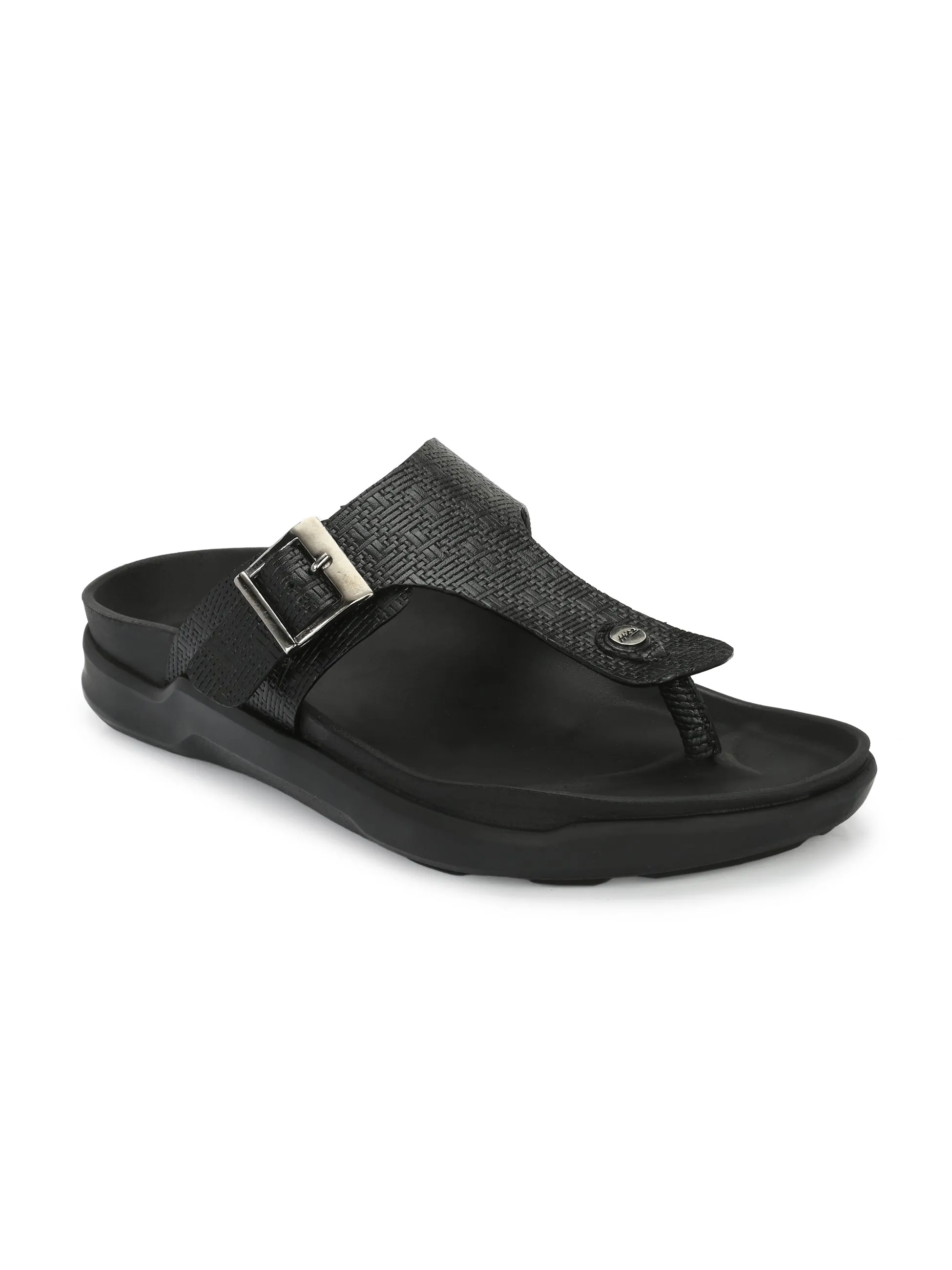 Hitz Men's Black Leather Open Toe Slippers