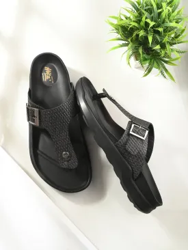 Hitz Men's Black Leather Open Toe Slippers