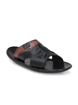 Hitz Men's Black Leather Open Toe Slippers