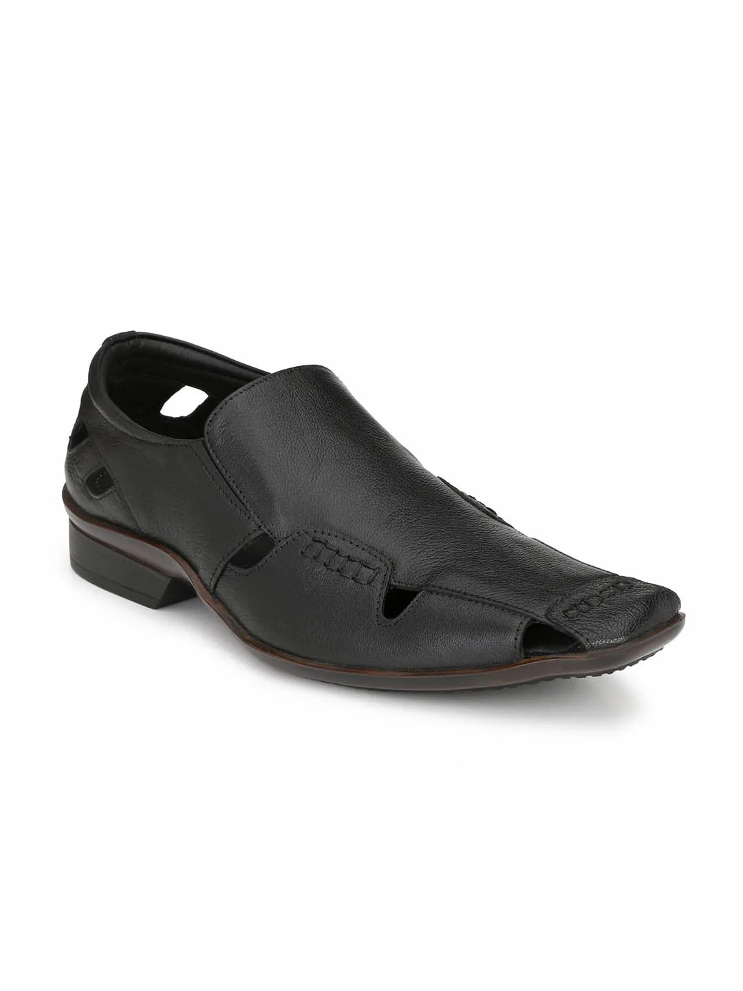 Hitz Men's Black Leather Shoes-Style Slip On Sandals