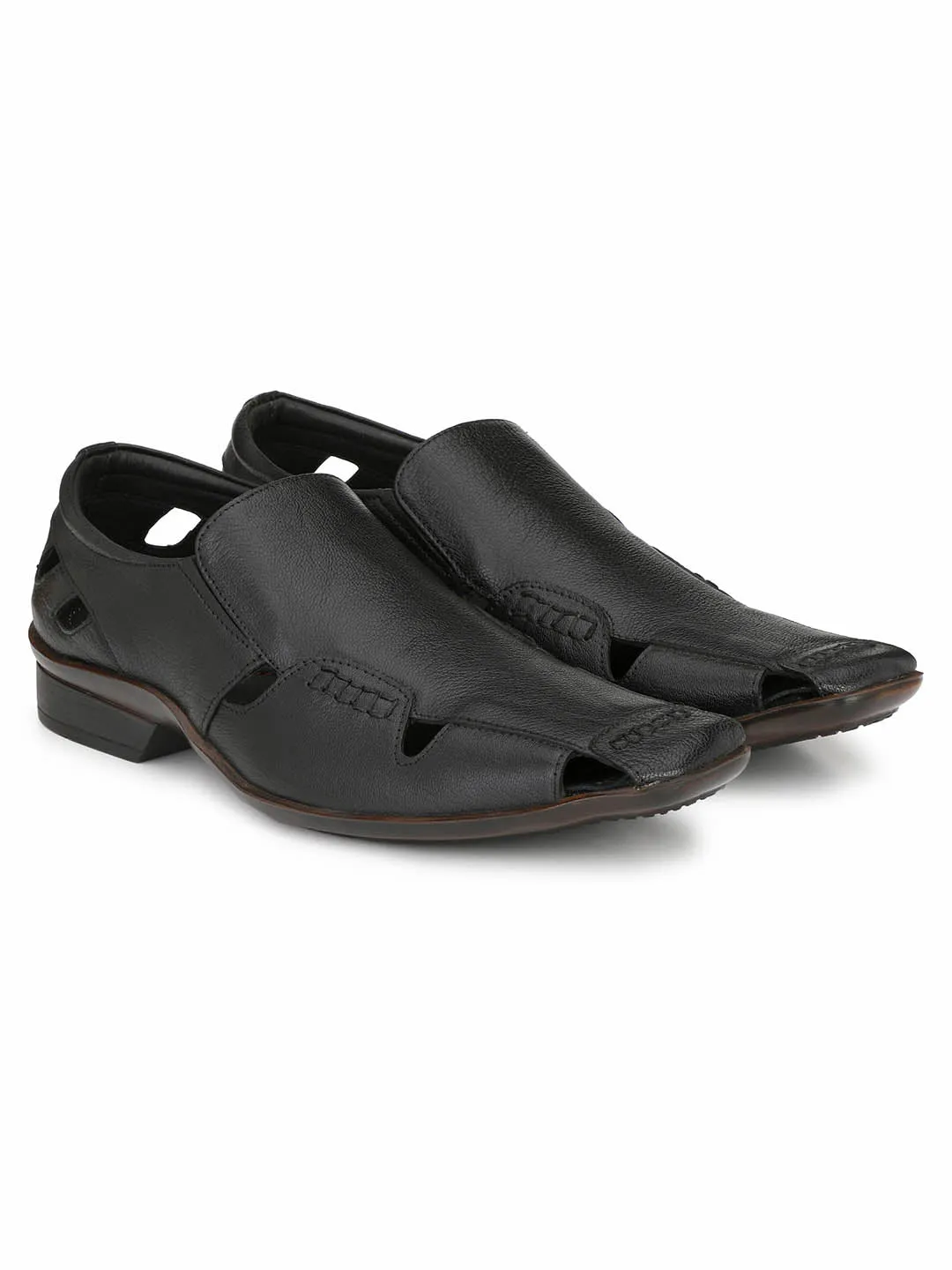 Hitz Men's Black Leather Shoes-Style Slip On Sandals