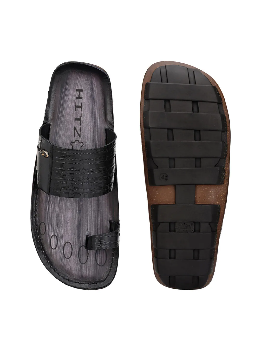 Hitz Men's Black Leather Toe Ring Casual Slippers