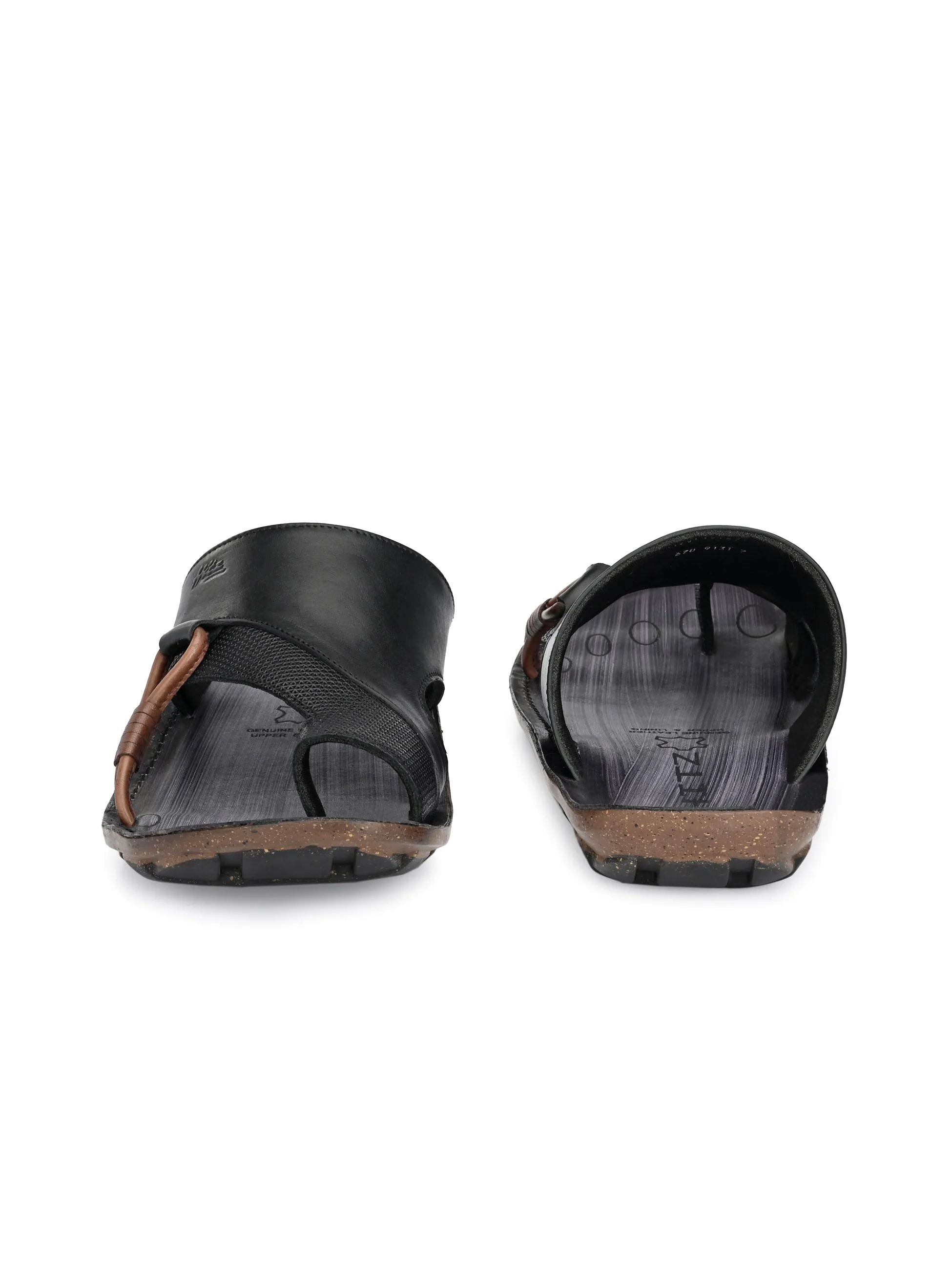 Hitz Men's Black Leather Toe Ring Indoor Outdoor Slippers