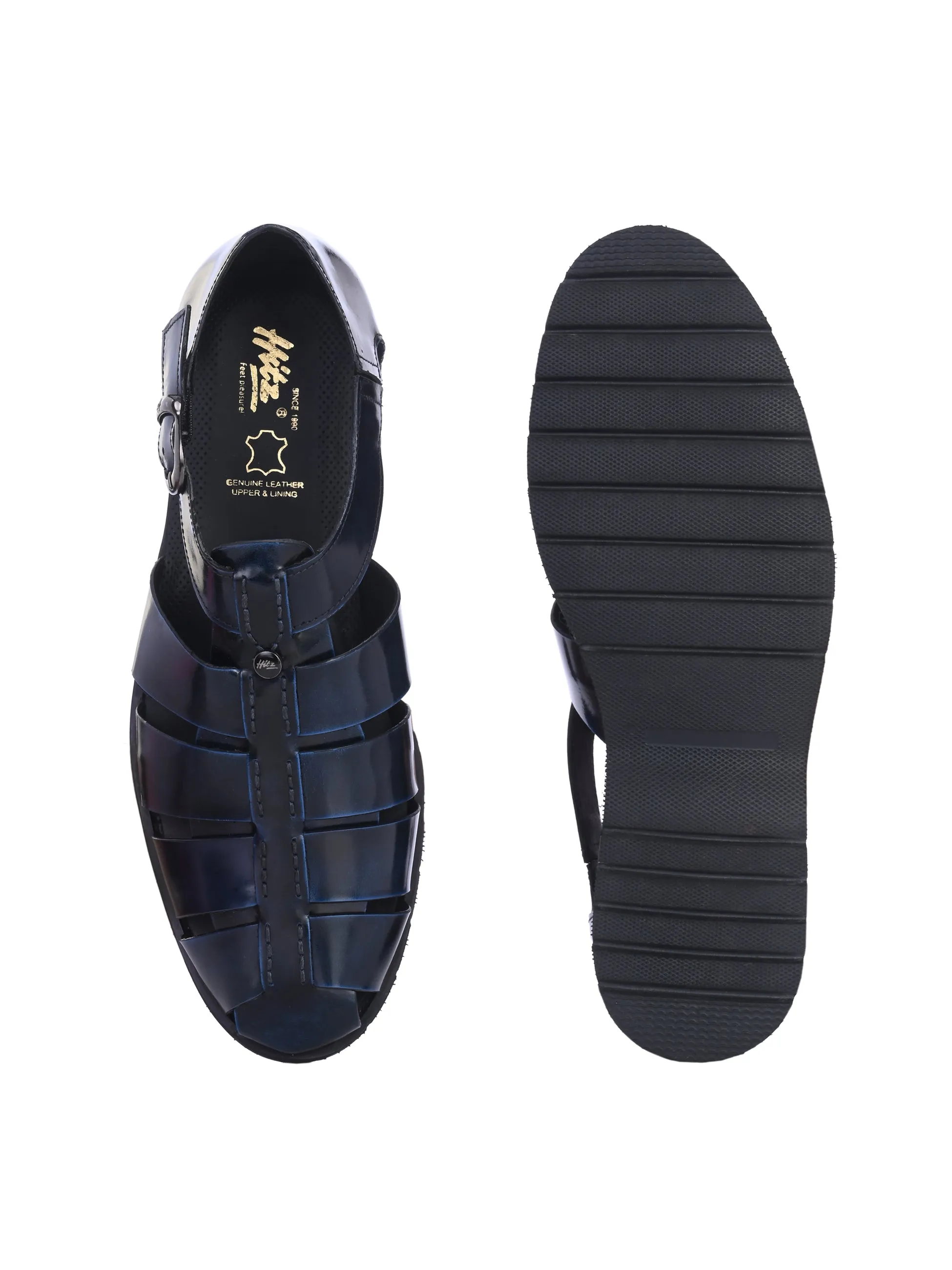 Hitz Men's Blue Leather Daily Wear Sandals