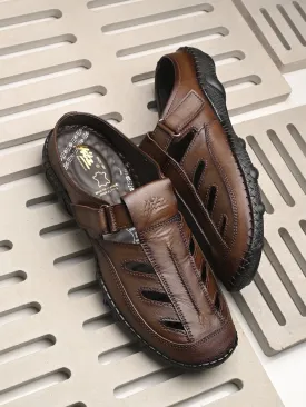 Hitz Men's Brown Leather Casual Daily Wear Velcro Sandals