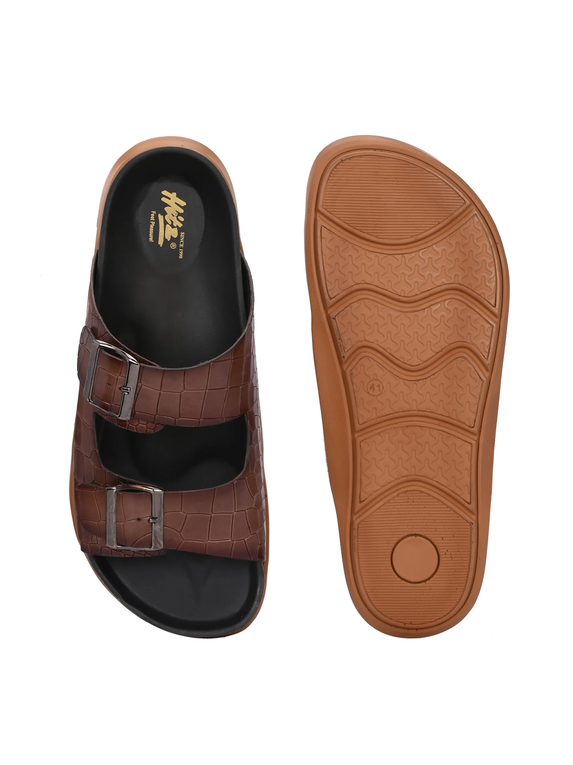 Hitz Men's Brown Leather Daily Wear Slipper