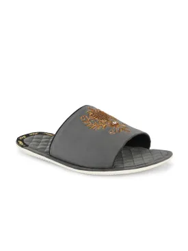 Hitz Men's Grey Leather Casual Open Toe Indoor Outdoor Slippers