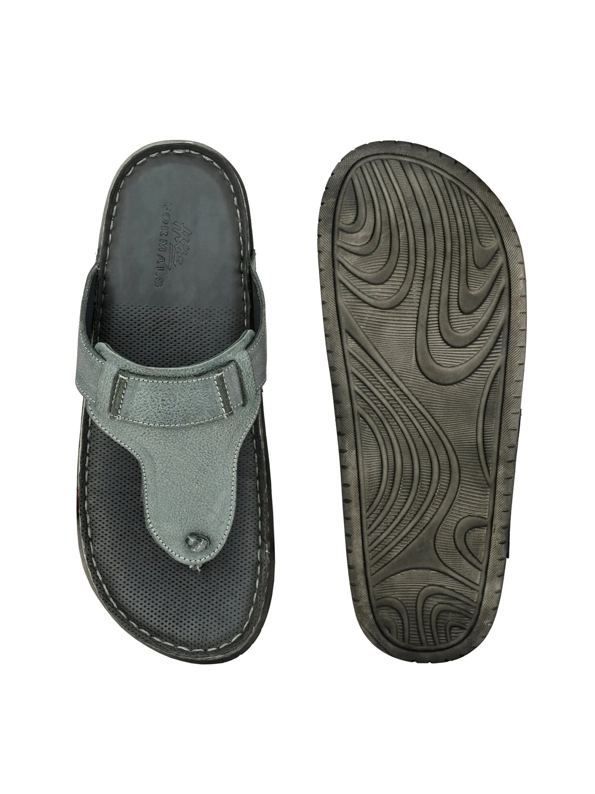 Hitz Men's Grey Leather Open Toe Slippers