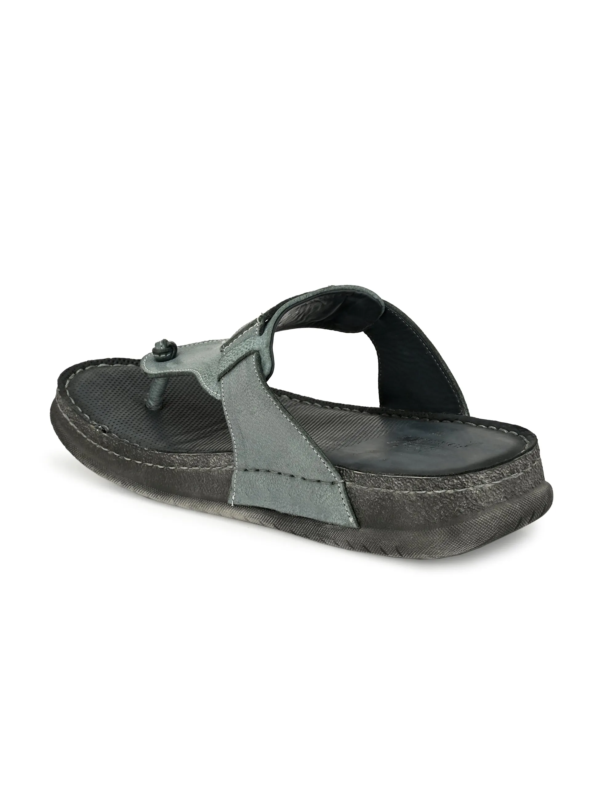 Hitz Men's Grey Leather Open Toe Slippers