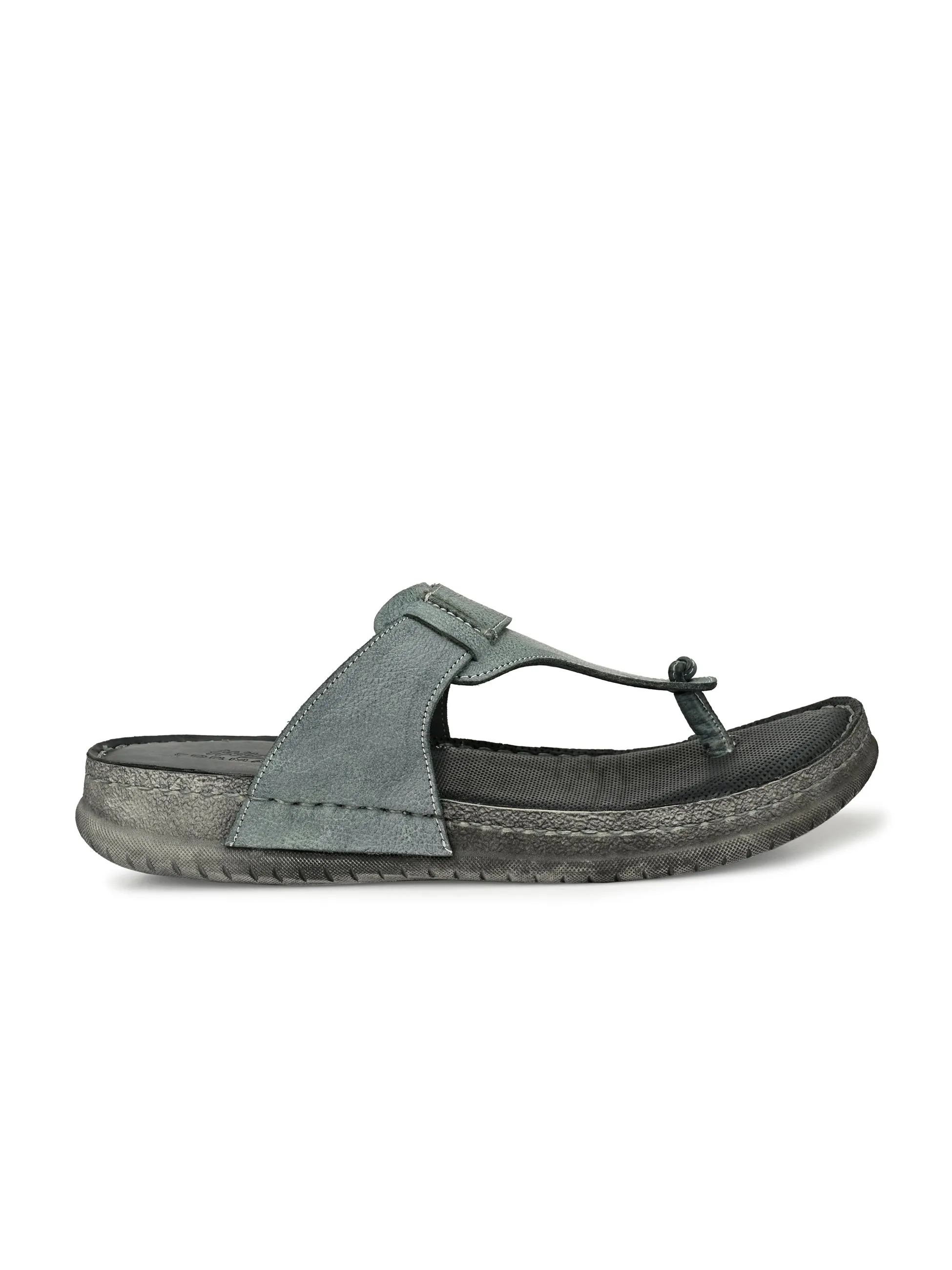 Hitz Men's Grey Leather Open Toe Slippers