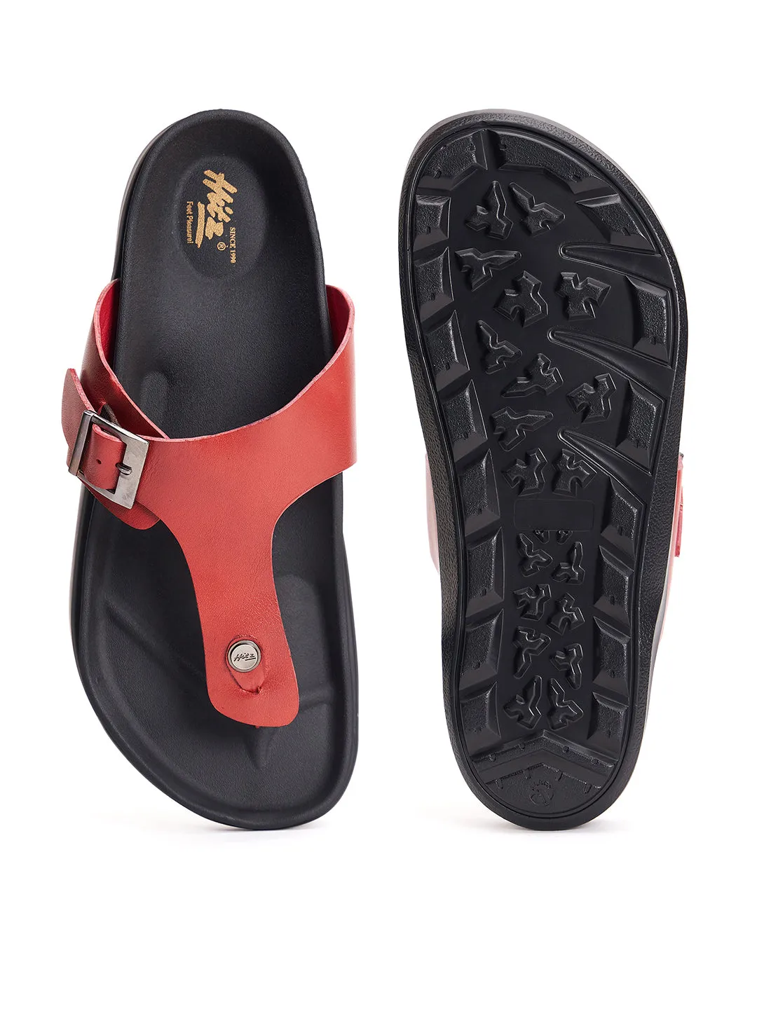 Hitz Men's Red Leather Open Toe Slippers