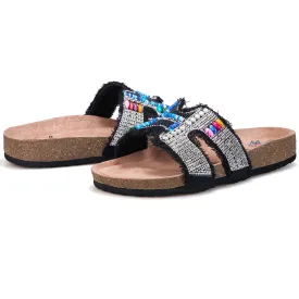 JOY&MARIO Women’s Slip-On Pearl Fabric Birken Shoes in Black-77259W