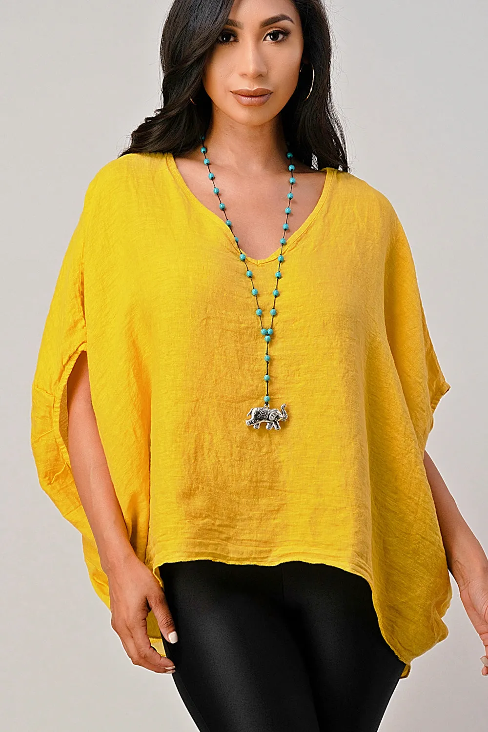 V Neck Linen Batwing Sleeves Top