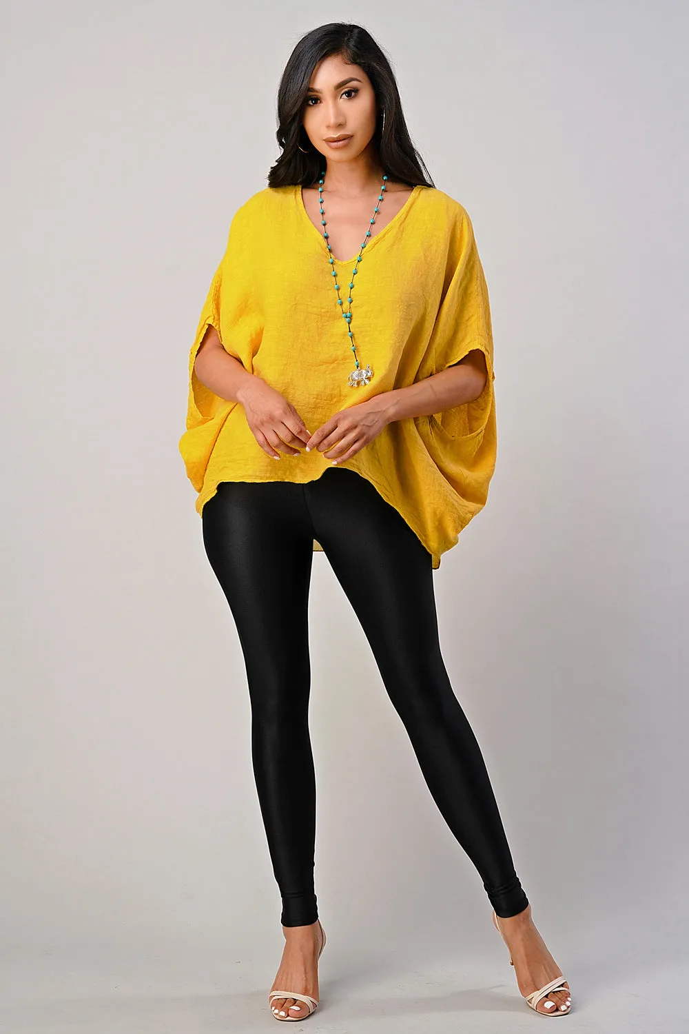 V Neck Linen Batwing Sleeves Top