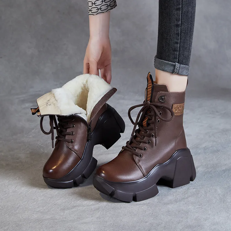 Women Fashion Leather Chunky Platform Snow Boots